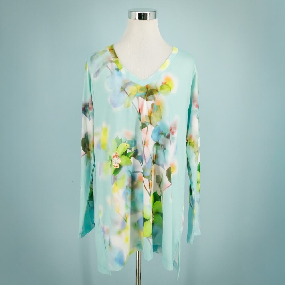 Soft Surroundings Size Large L Blue Jayda Floral V Neck Long Sleeve Tunic Top